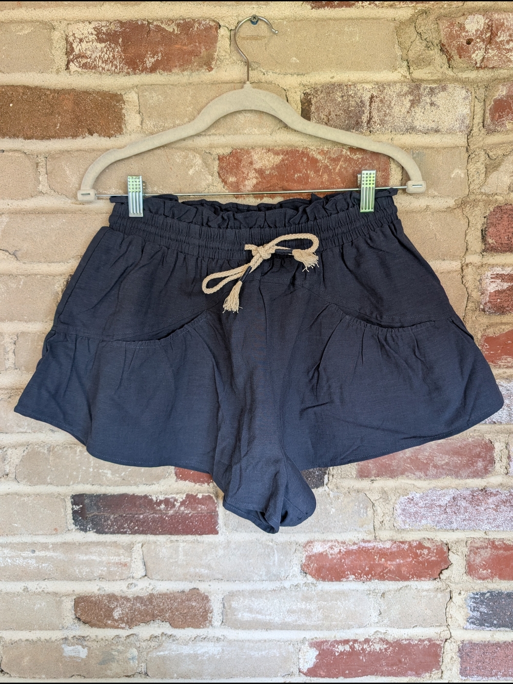 Mustard Seed Black Ruffle Waist Drawstring Shorts